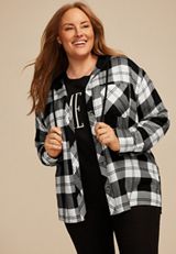 Plus Size Plaid Hooded Boyfriend Button Down Shirt, BLACK COMBO, small