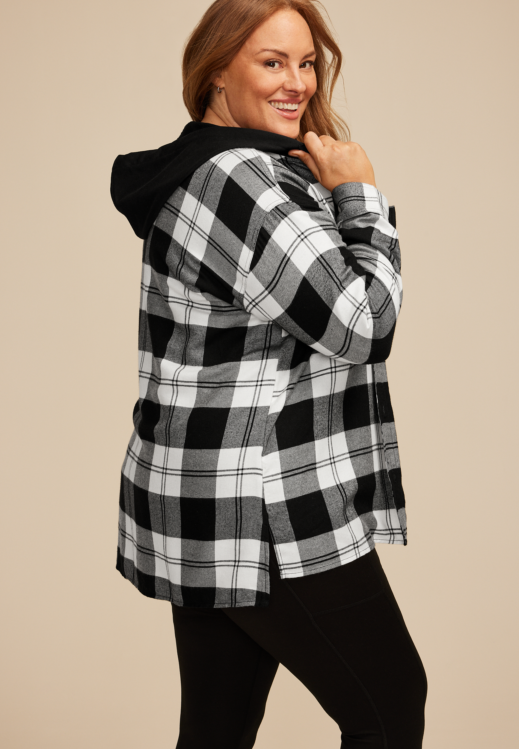 Plus Size Plaid Hooded Boyfriend Button Down Shirt, BLACK COMBO, large