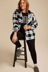 Plus Size Plaid Hooded Boyfriend Button Down Shirt, BLACK COMBO, small