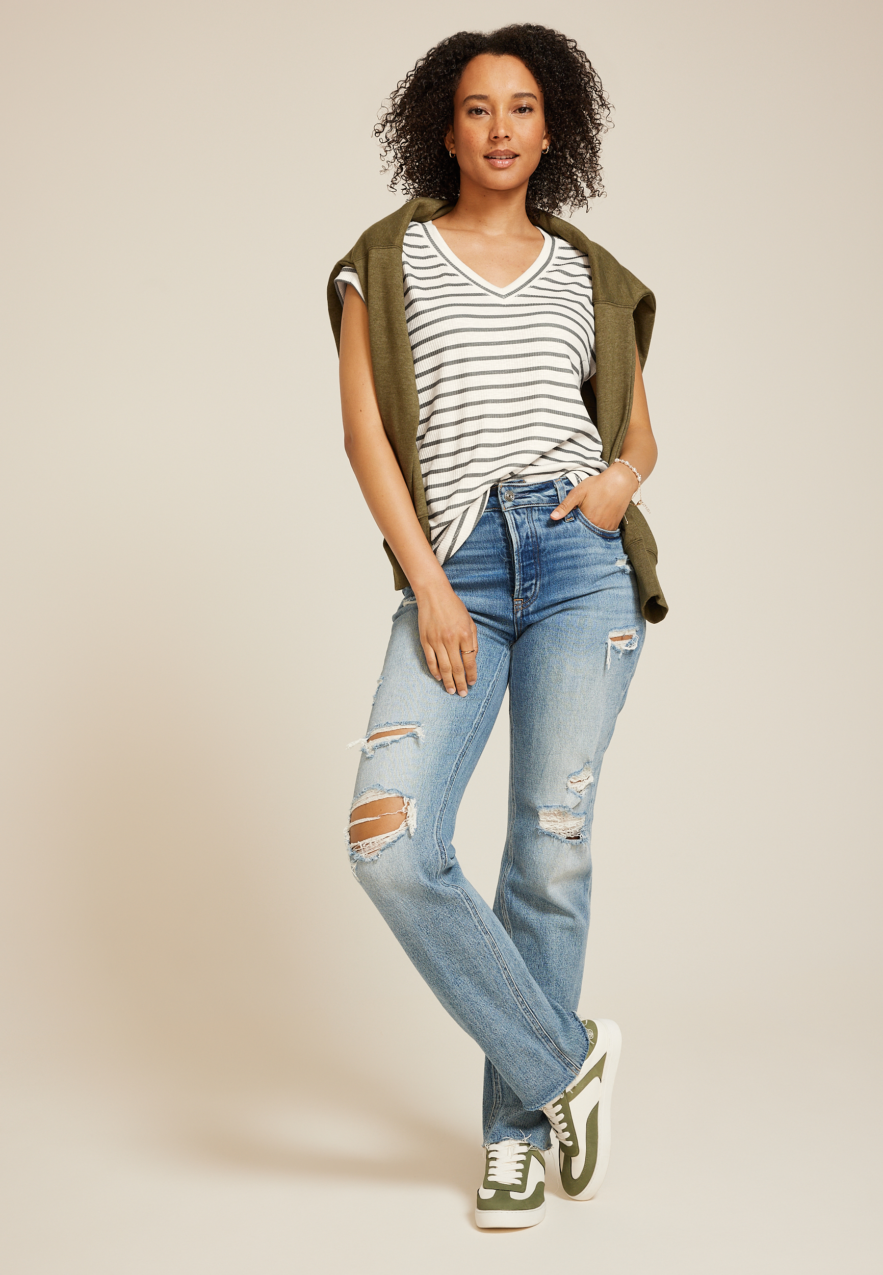 24/7 Berkley Striped V Neck Tee, OLIVE COMBO, large
