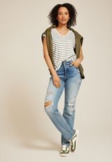24/7 Berkley Striped V Neck Tee, OLIVE COMBO, small