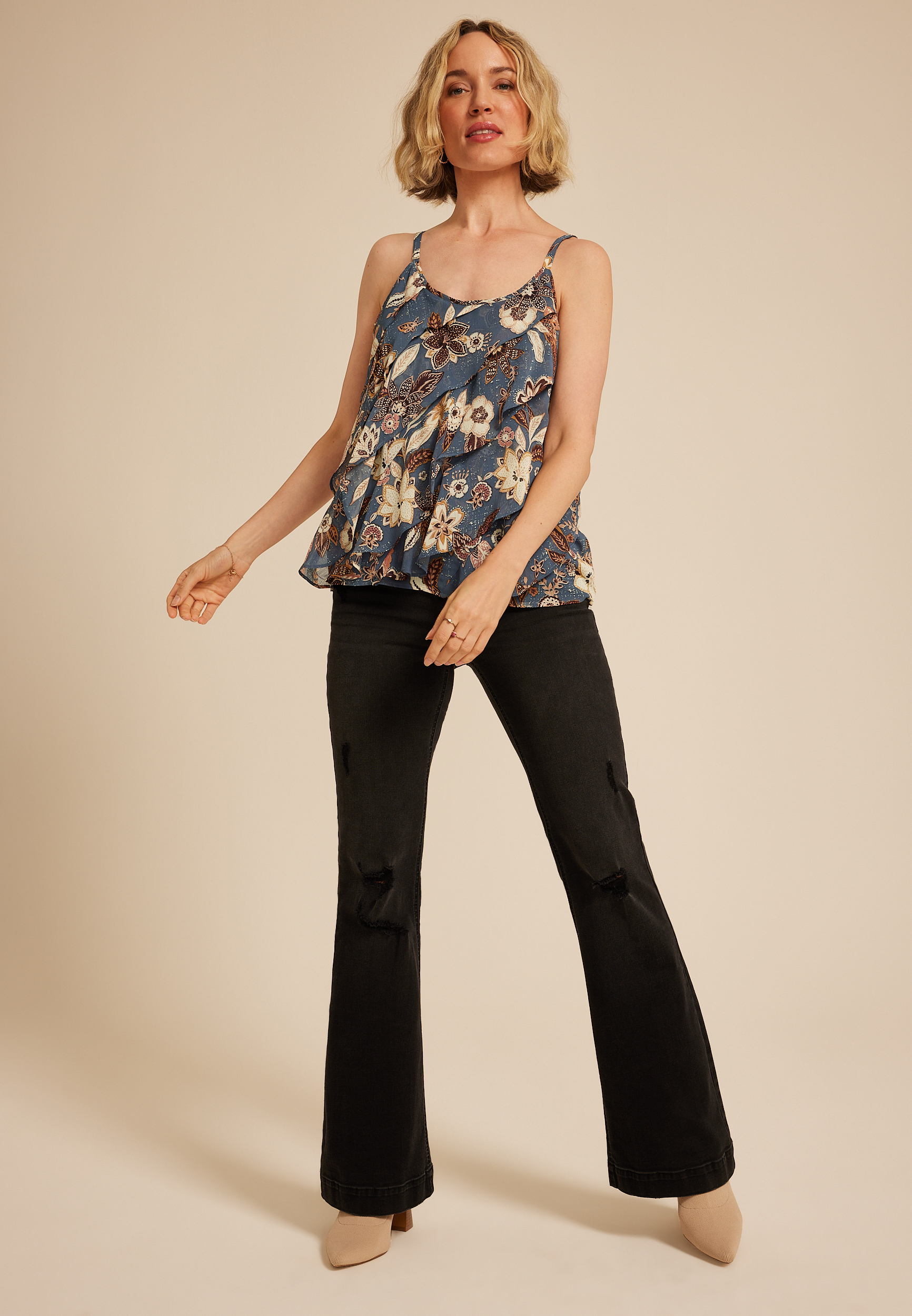 Blue Floral Ruffle Tiered Cami Top, C954, large