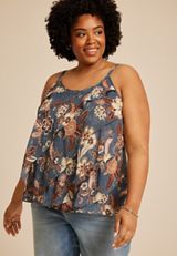 Plus Size Blue Floral Ruffle Tiered Cami Top, C954, small