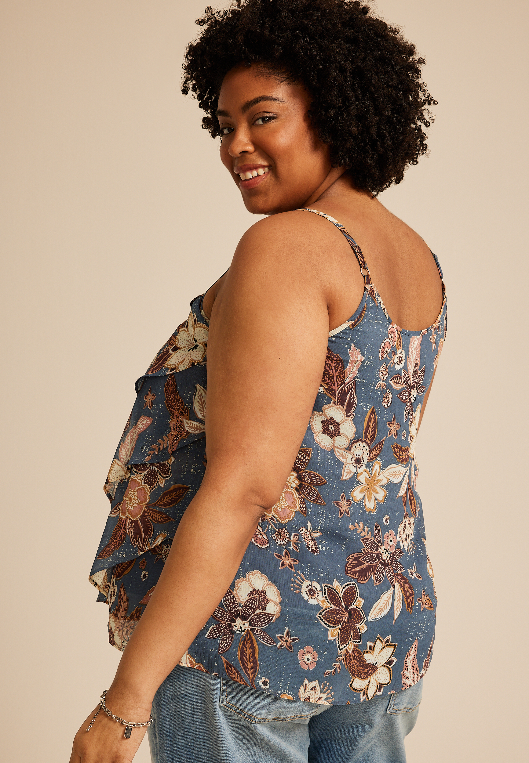 Plus Size Blue Floral Ruffle Tiered Cami Top, C954, large