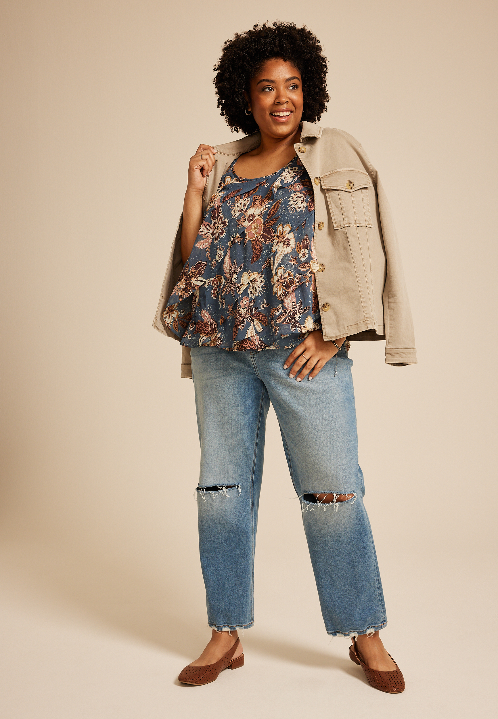 Plus Size Blue Floral Ruffle Tiered Cami Top, C954, large