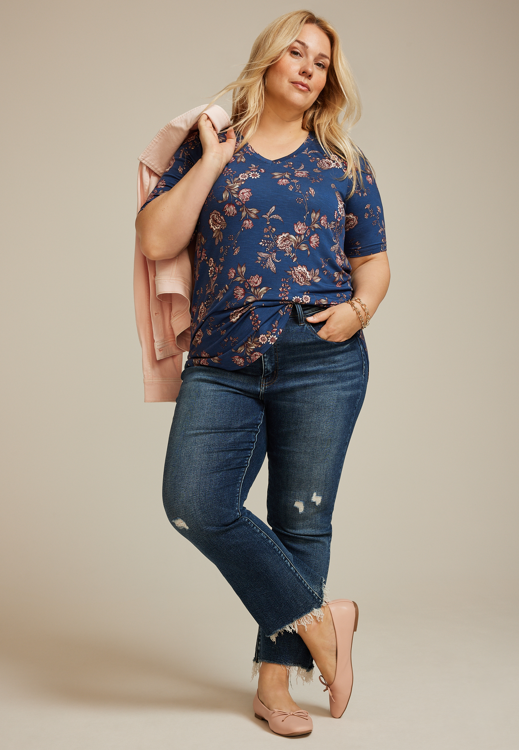 Plus Size 24/7 Olivia Floral Tunic Tee, NAVY COMBO, large