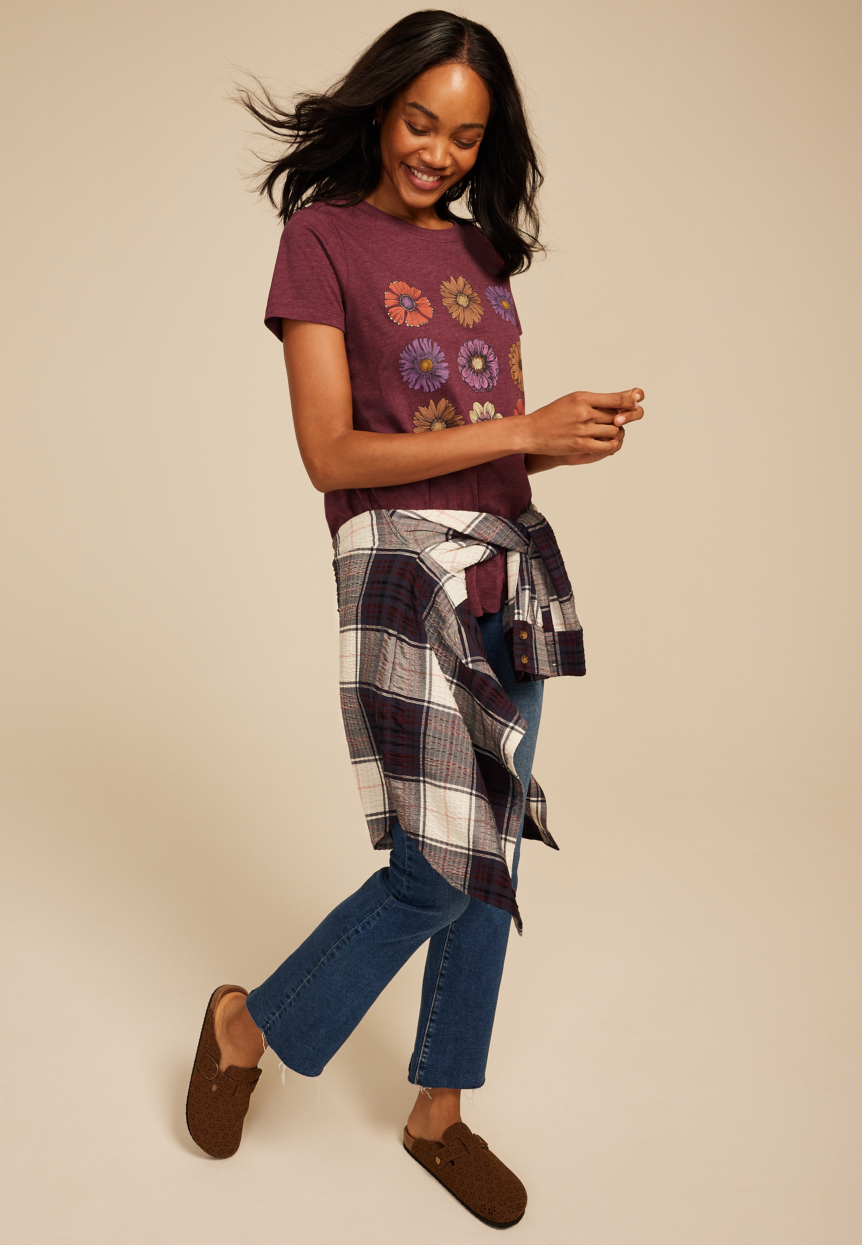 Stacked Fall Floral Classic Fit Graphic Tee, BURGUNDY, large