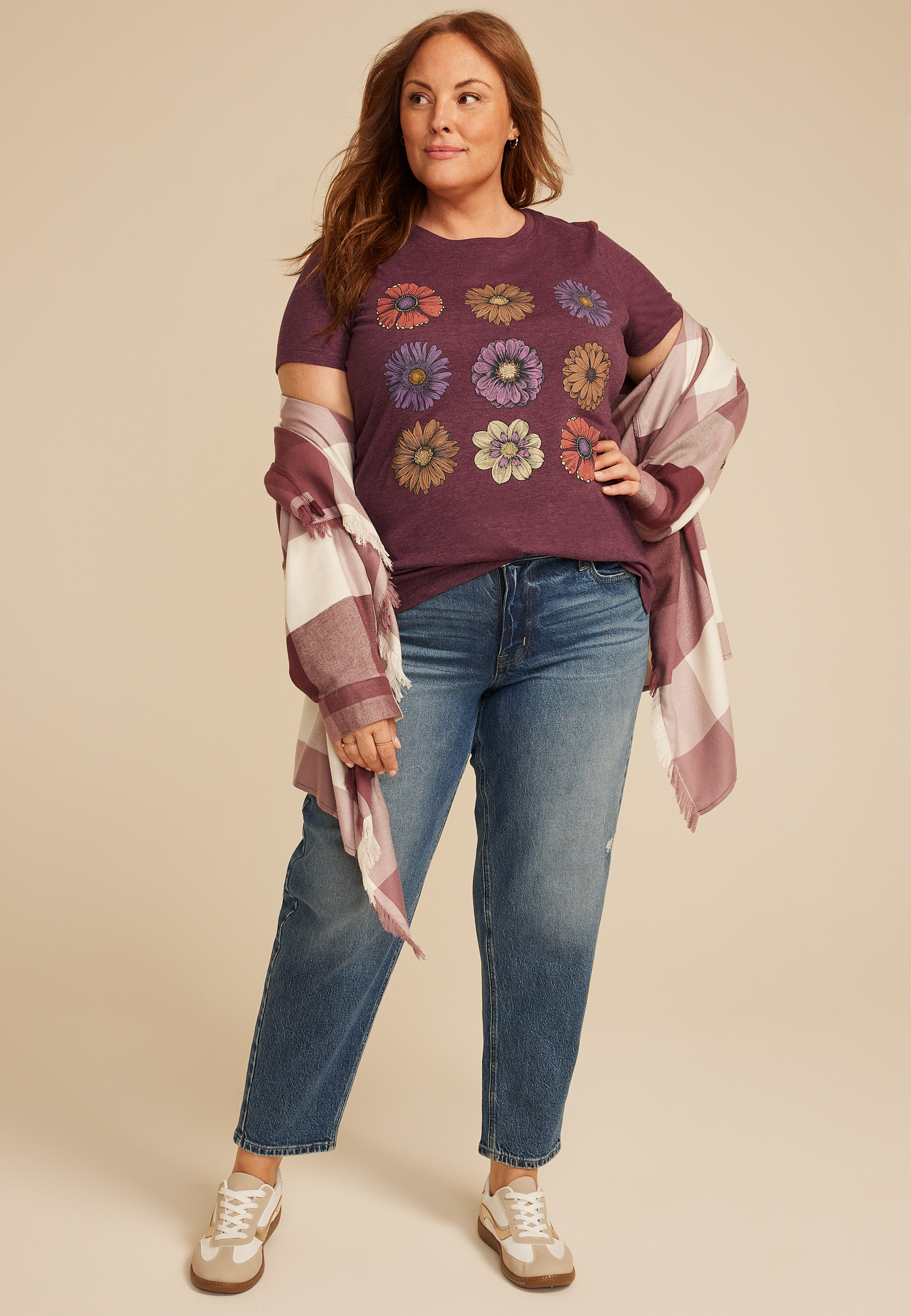 Plus Size Stacked Fall Floral Classic Fit Graphic Tee, C830, large