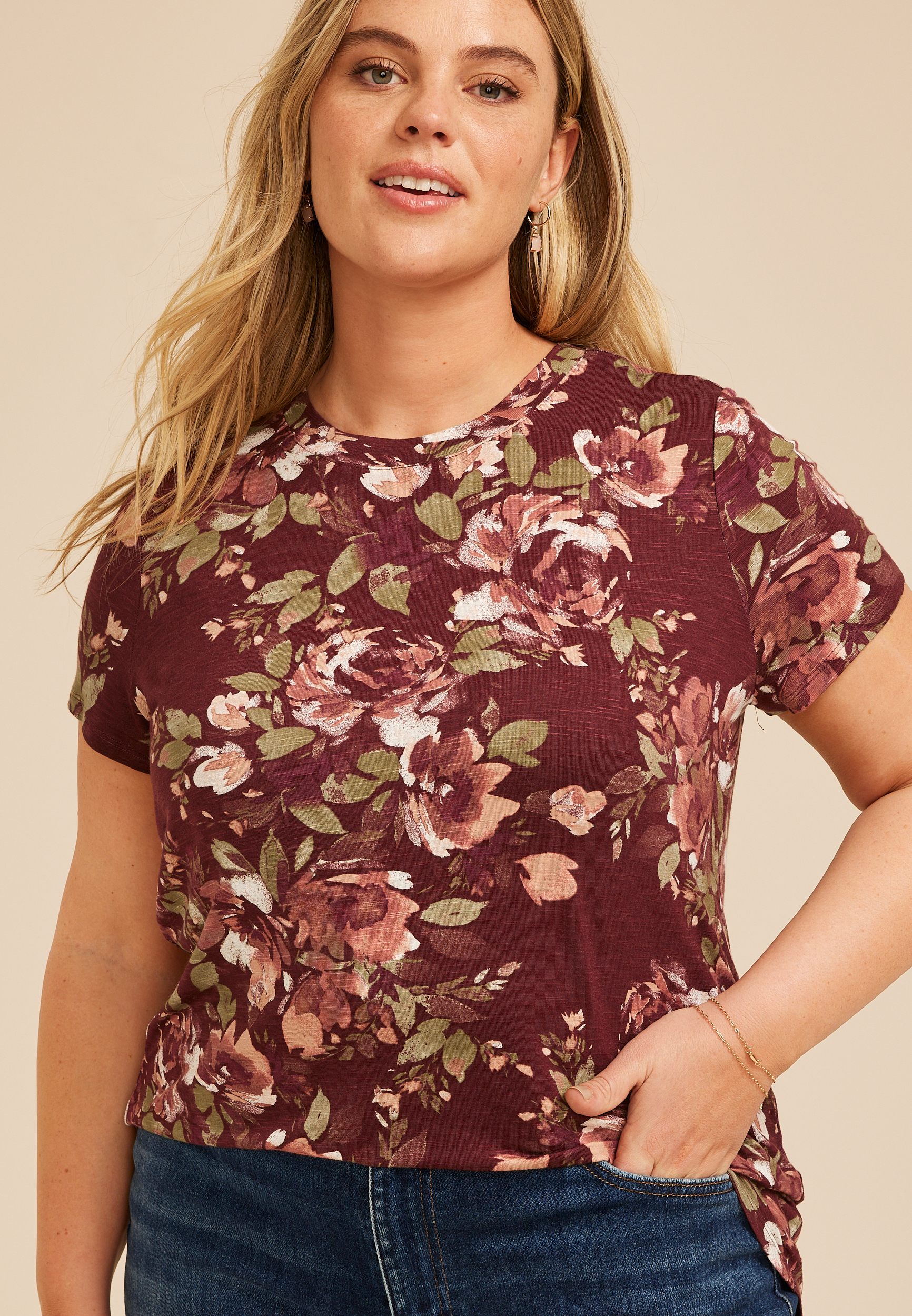 Plus Size 24/7 Kennedy Floral Crew Neck Tee