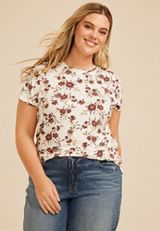 Plus Size 24/7 Kennedy Floral Crew Neck Tee, ANTIQUE WHITE COMBO, small