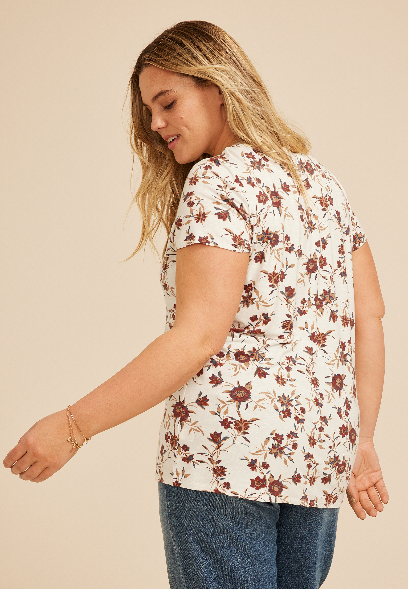 Plus Size 24/7 Kennedy Floral Crew Neck Tee, ANTIQUE WHITE COMBO, large