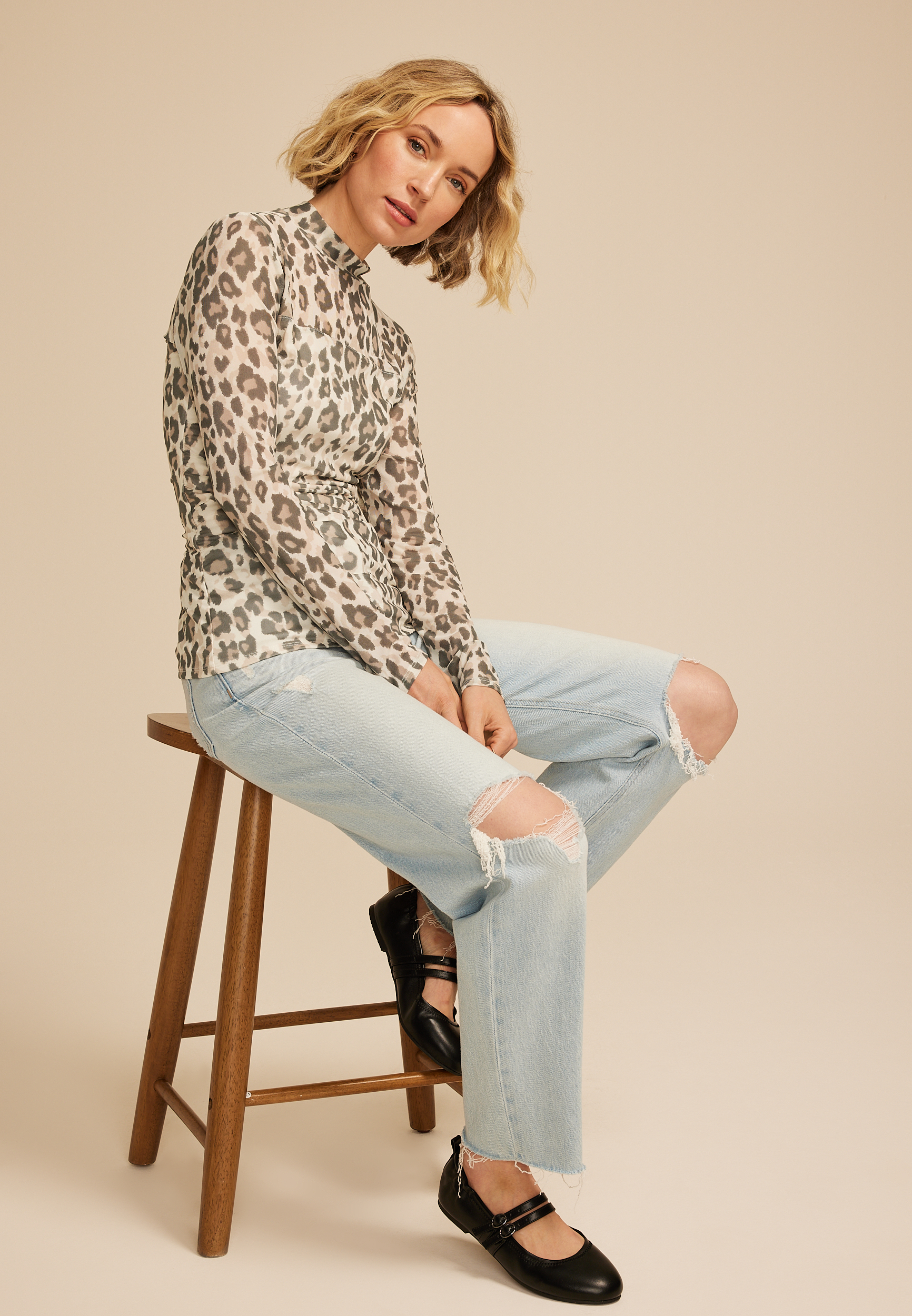 Leopard Mesh Mock Neck Blouse, C3986, large