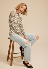 Leopard Mesh Mock Neck Blouse, C3986, small