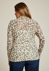 Plus Size Leopard Mesh Mock Neck Blouse, ECRU COMBO, small