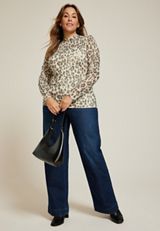 Plus Size Leopard Mesh Mock Neck Blouse, ECRU COMBO, small