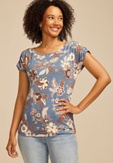 24/7 Fairhaven Floral  Ruched Shoulder Tee, C954, small