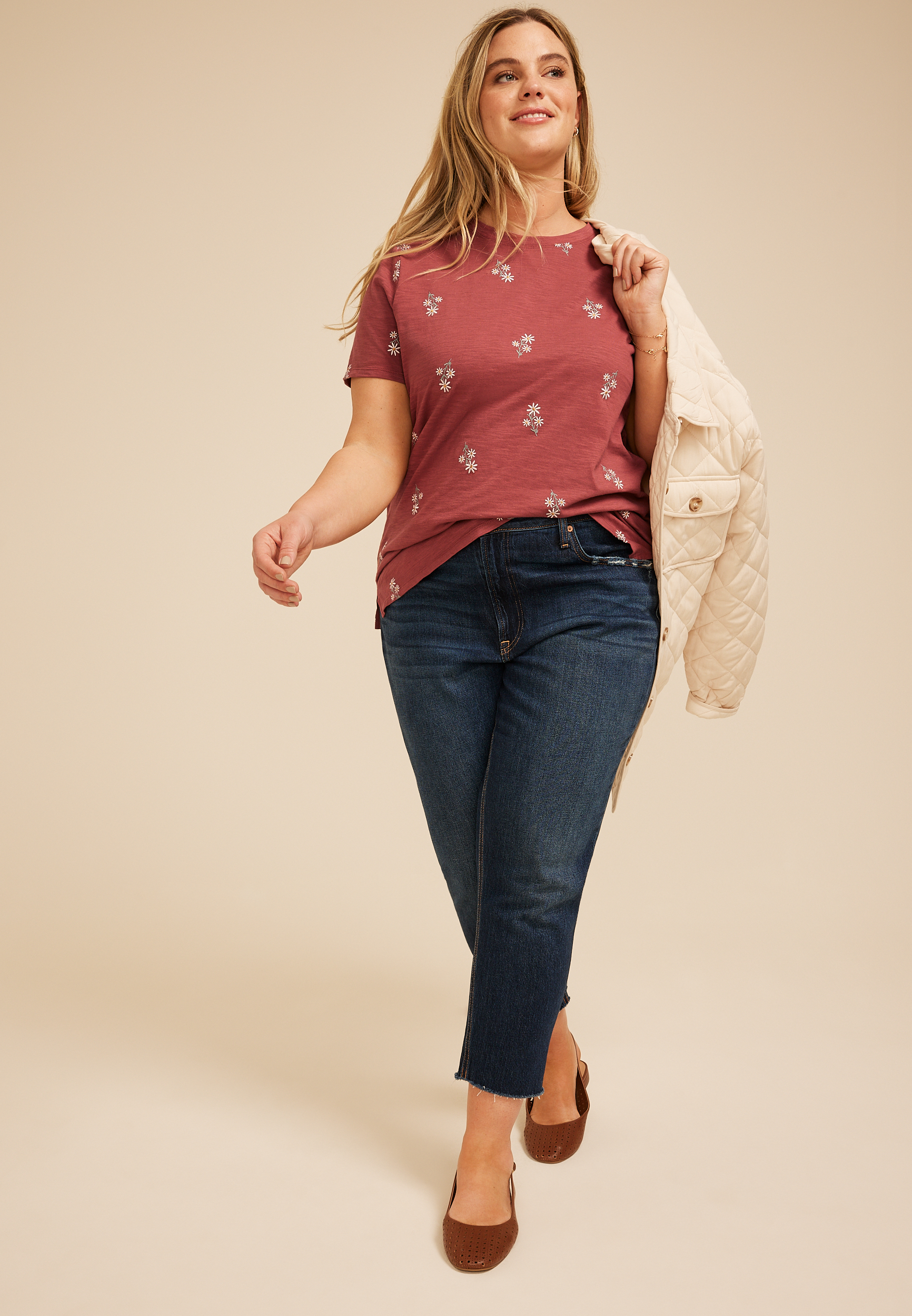 Plus Size 24/7 Dawson Embroidered Floral Crew Neck Tee, C5729, large