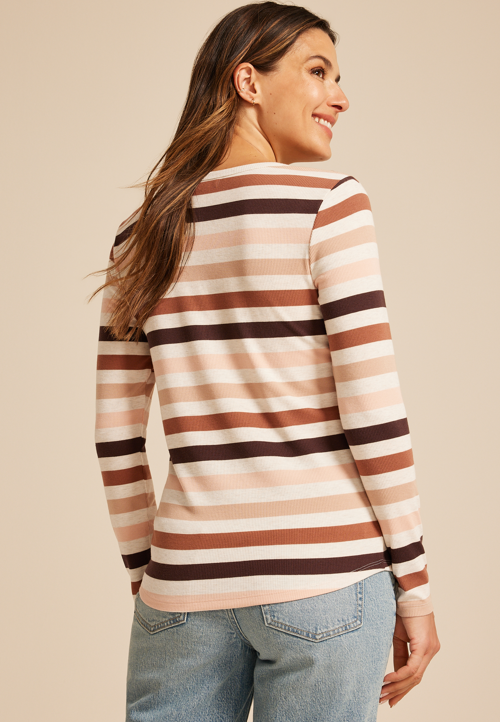Heartland Striped Henley Long Sleeve Tee, C1524, large