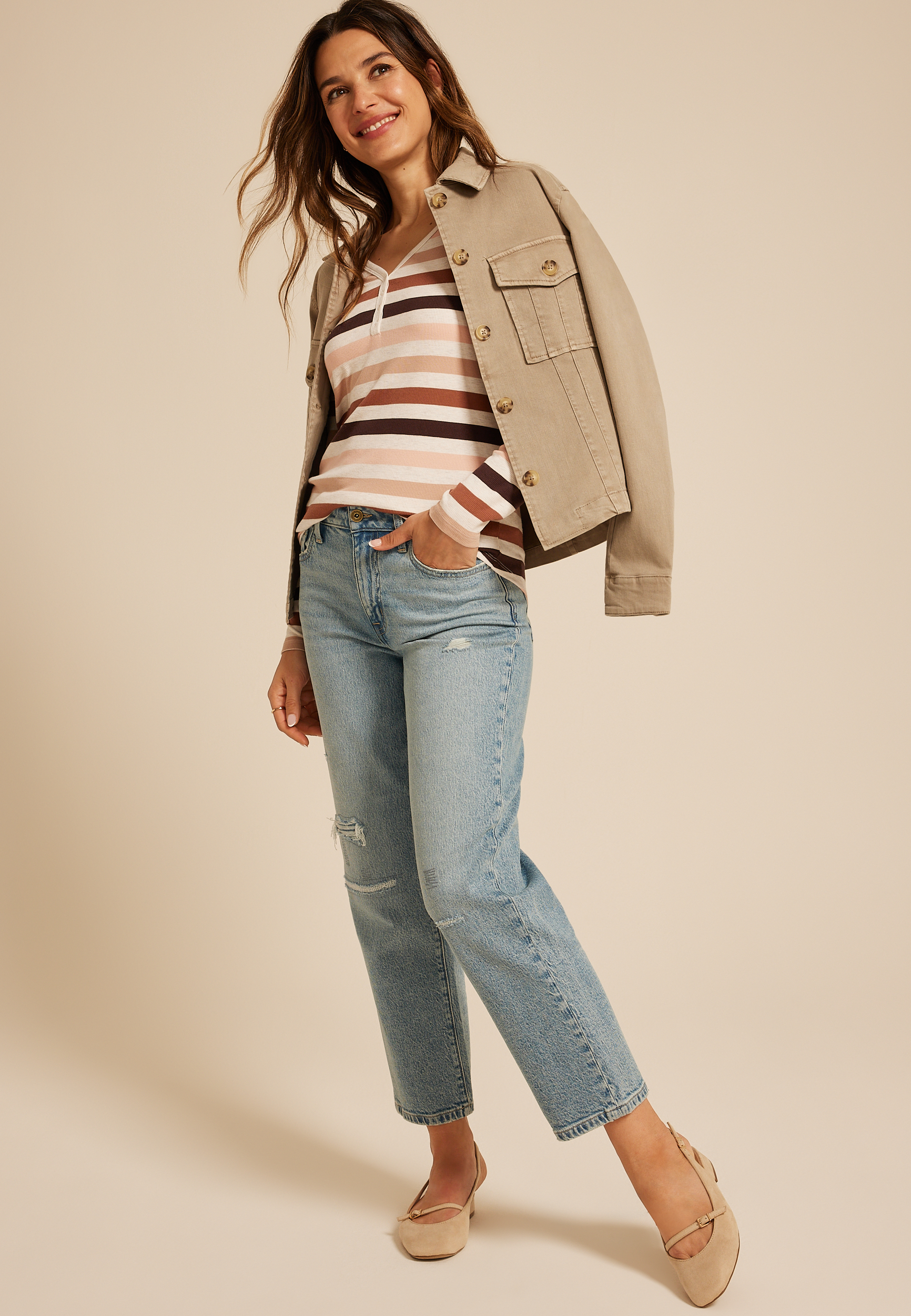 Heartland Striped Henley Long Sleeve Tee, C1524, large