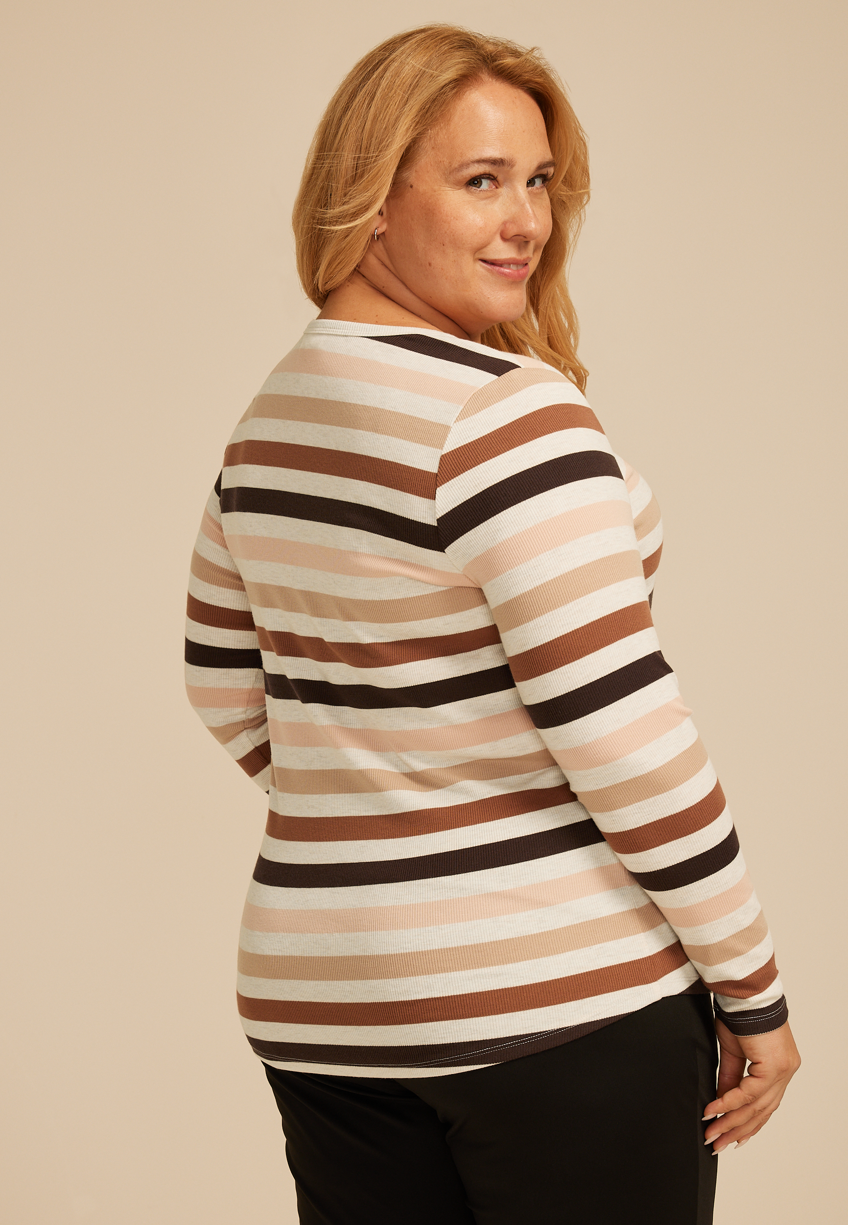 Plus Size Heartland Striped Henley Long Sleeve Tee, C1524, large