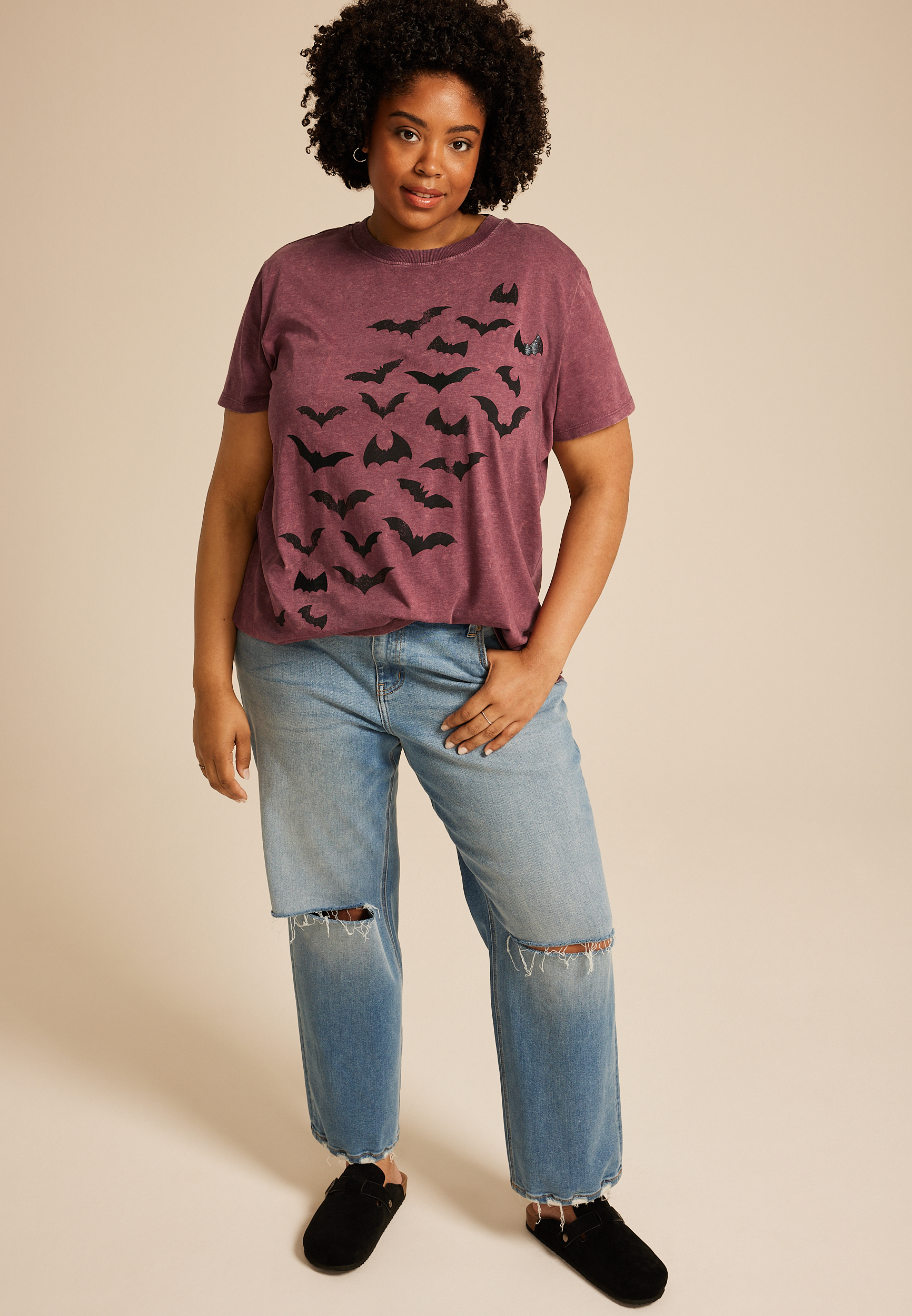 Plus Size Halloween Bats Oversized Fit Graphic Tee, , large