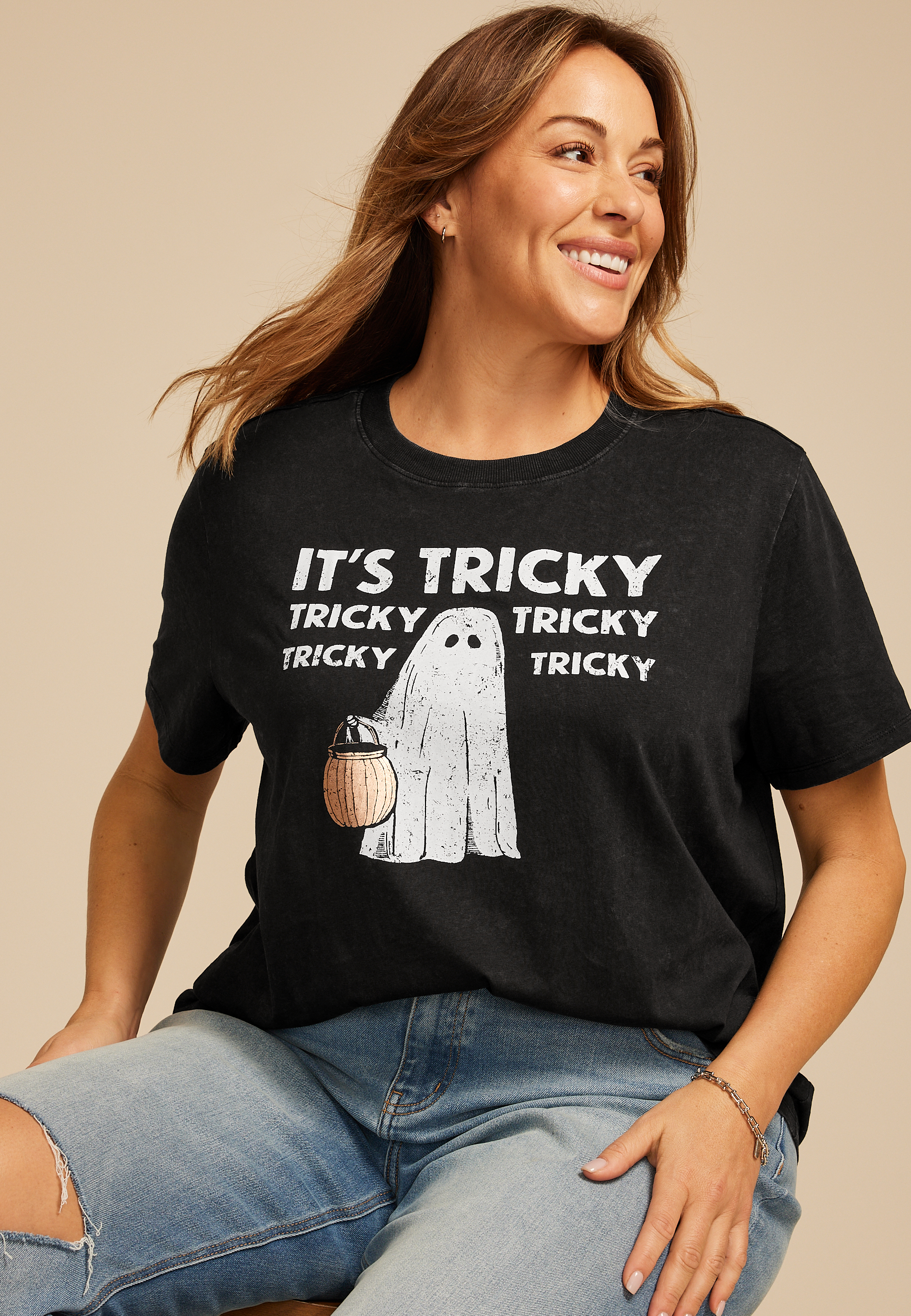 Plus Size Its Tricky Halloween Ghost Oversized Fit Graphic Tee