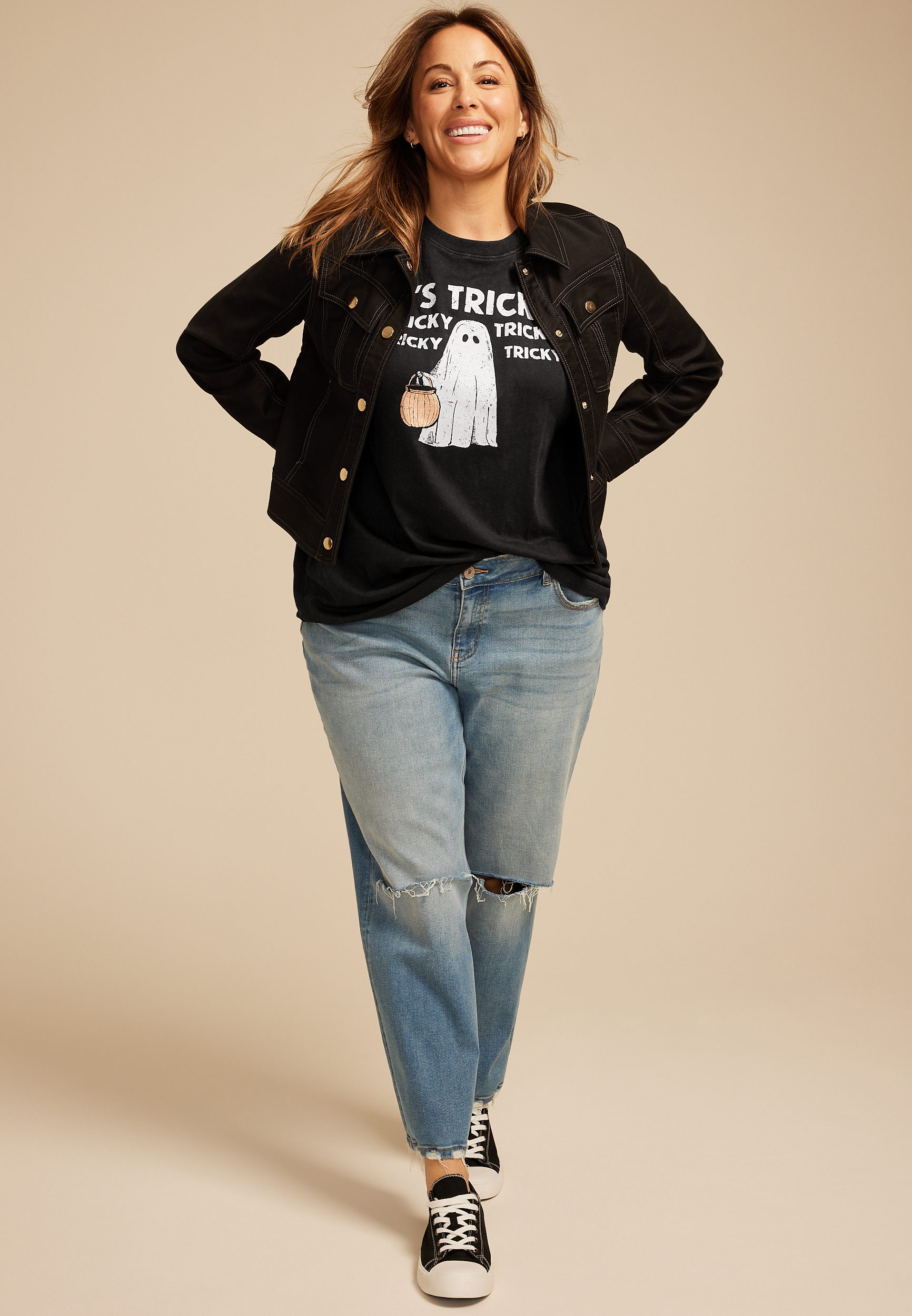 Plus Size Its Tricky Halloween Ghost Oversized Fit Graphic Tee, , large