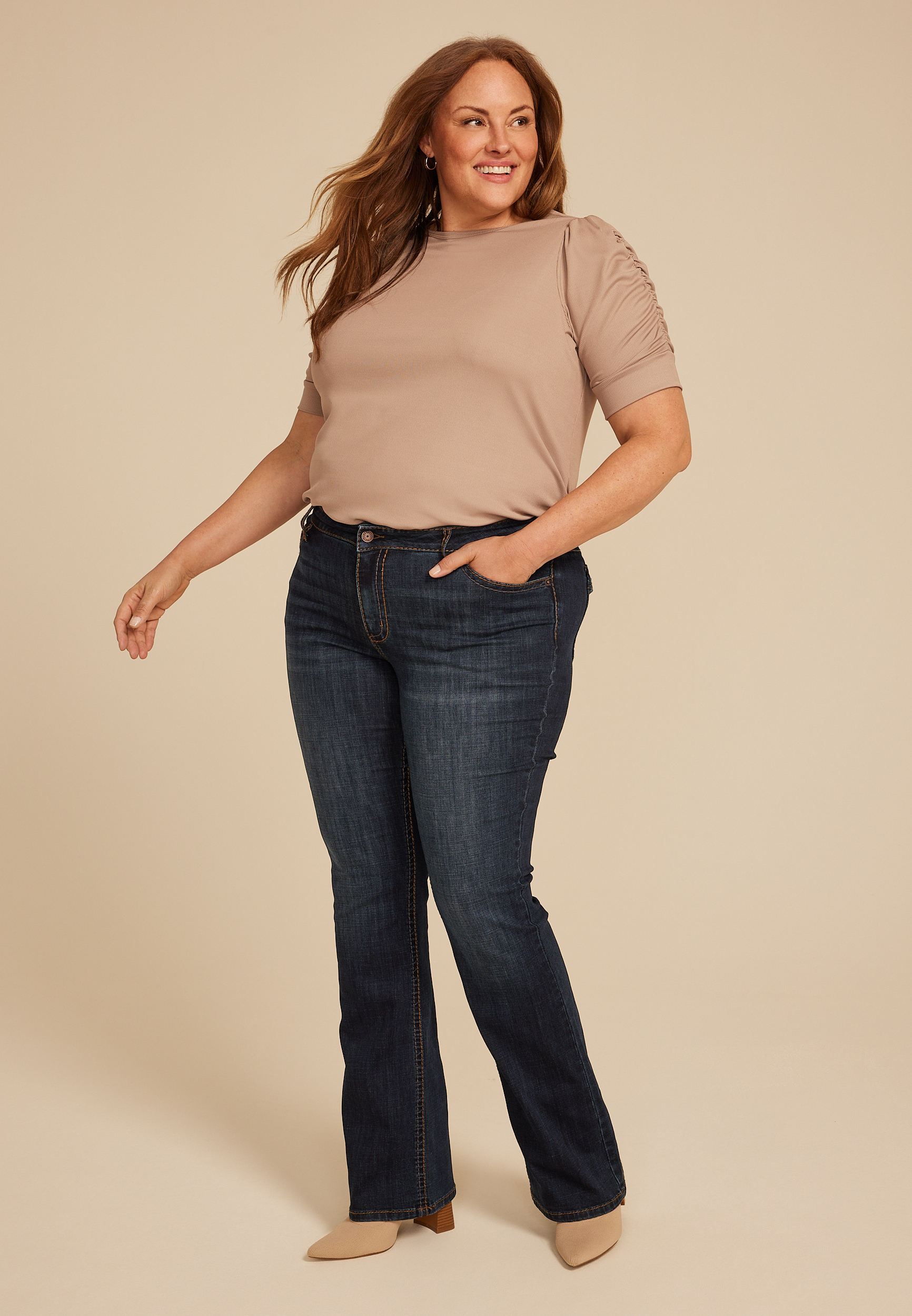 Plus Size Dark Crosshatch Mid Rise Thick Stitch Bootcut Jean, C258, large