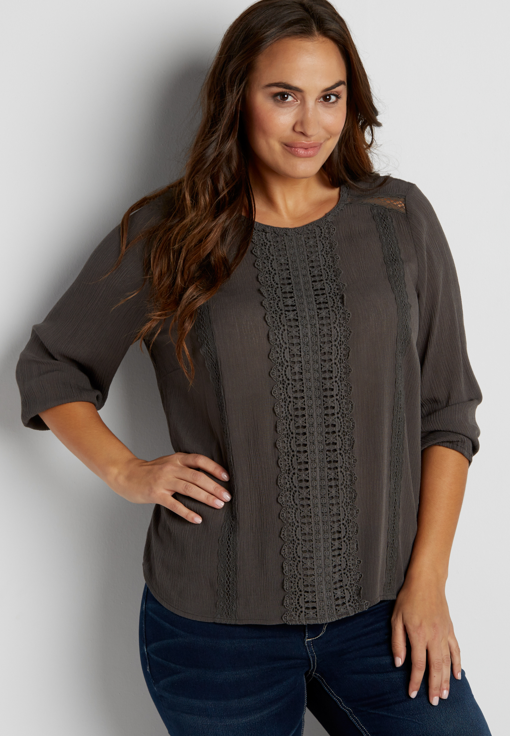 plus size top with crocheted overlay and button down back | maurices