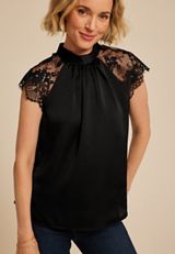 Black Lace Short Sleeve Blouse, BLACK, small