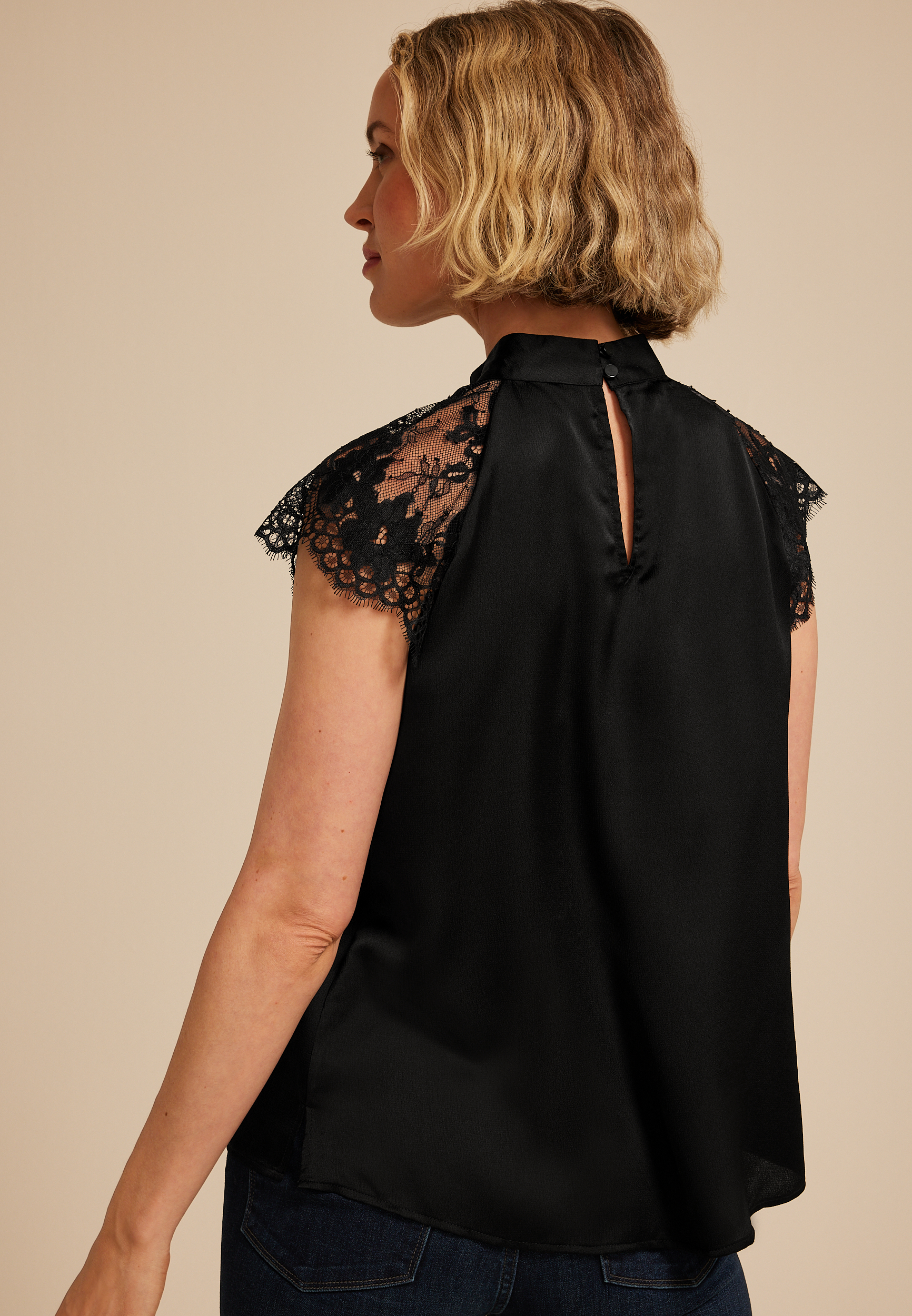 Black Lace Short Sleeve Blouse, BLACK, large