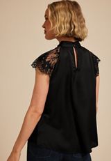 Black Lace Short Sleeve Blouse, BLACK, small