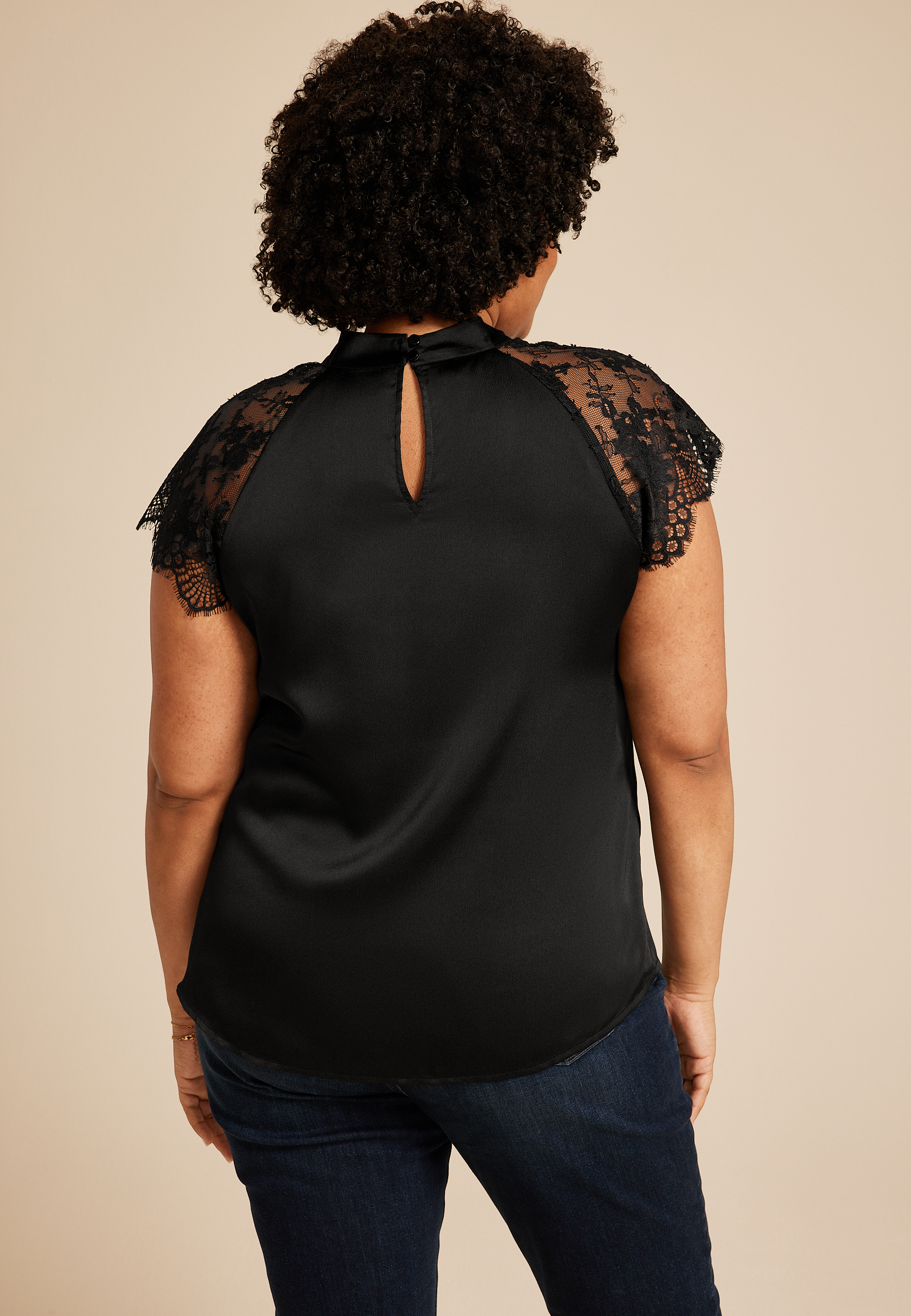 Plus Size Black Lace Short Sleeve Blouse, C106, large