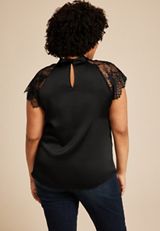 Plus Size Black Lace Short Sleeve Blouse, C106, small