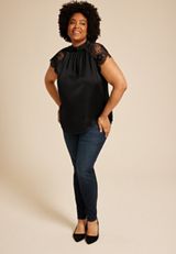 Plus Size Black Lace Short Sleeve Blouse, C106, small