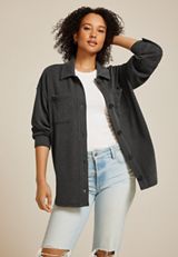 Wavy Ribbed Shacket, BLACK, small