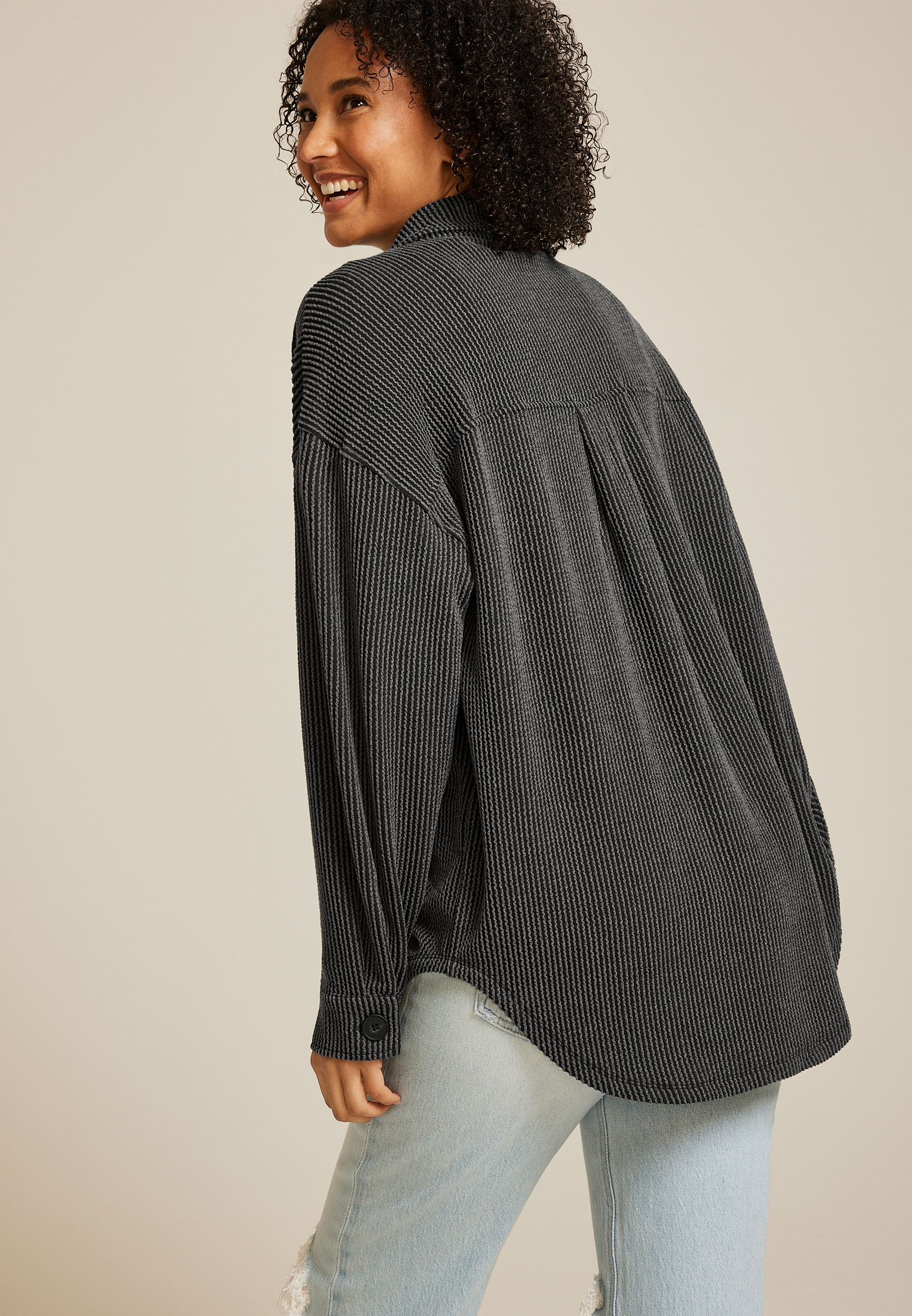 Wavy Ribbed Shacket, BLACK, large