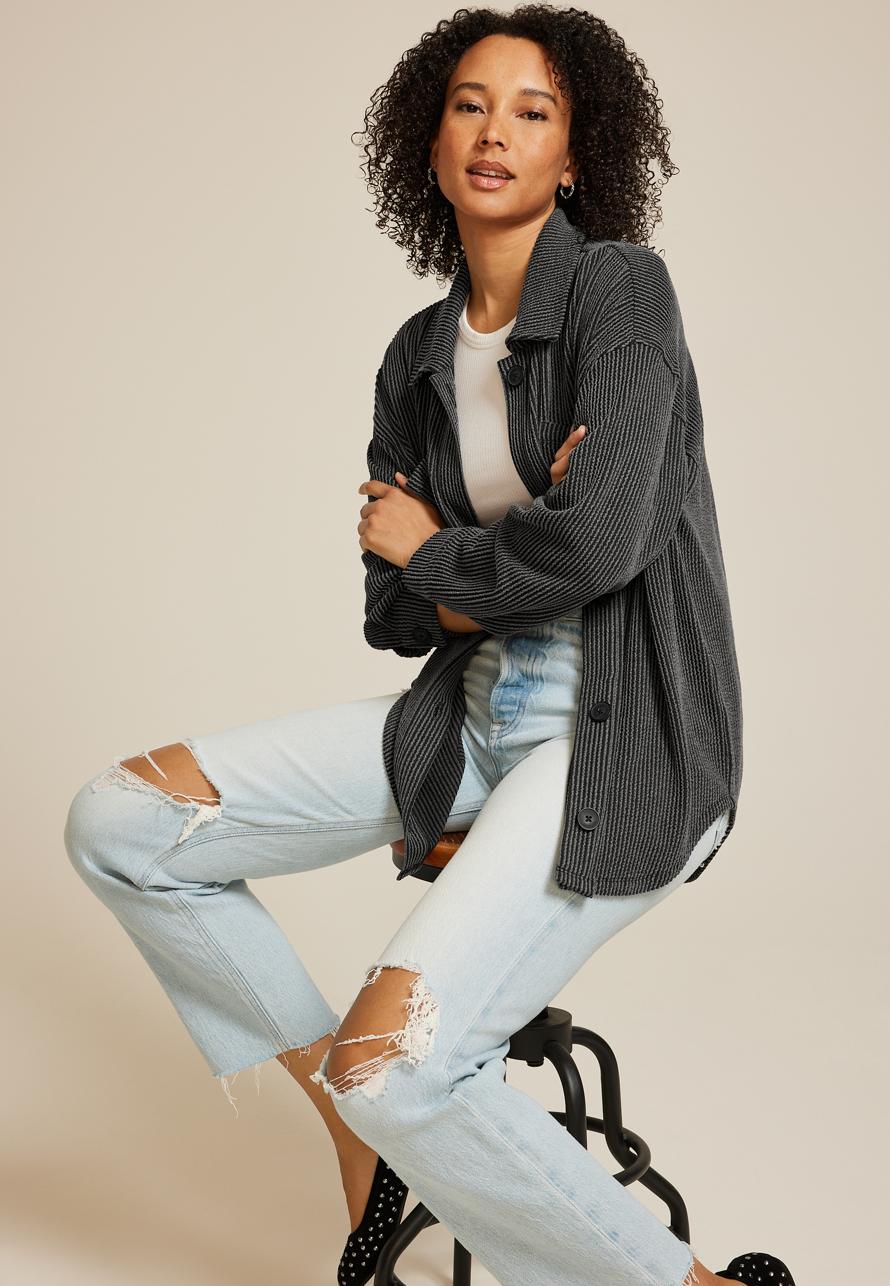 Wavy Ribbed Shacket, BLACK, large