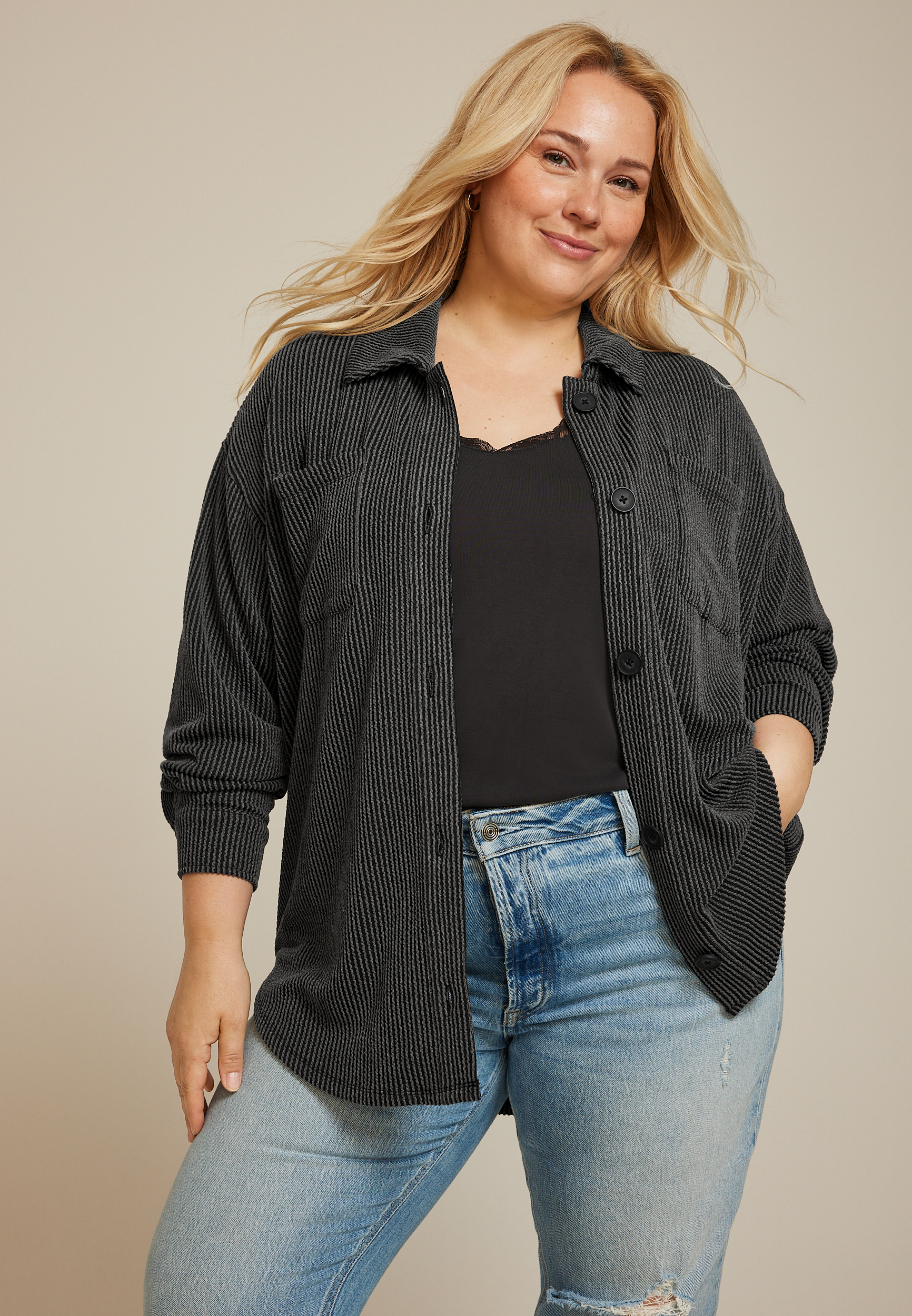 Plus Size Wavy Ribbed Shacket