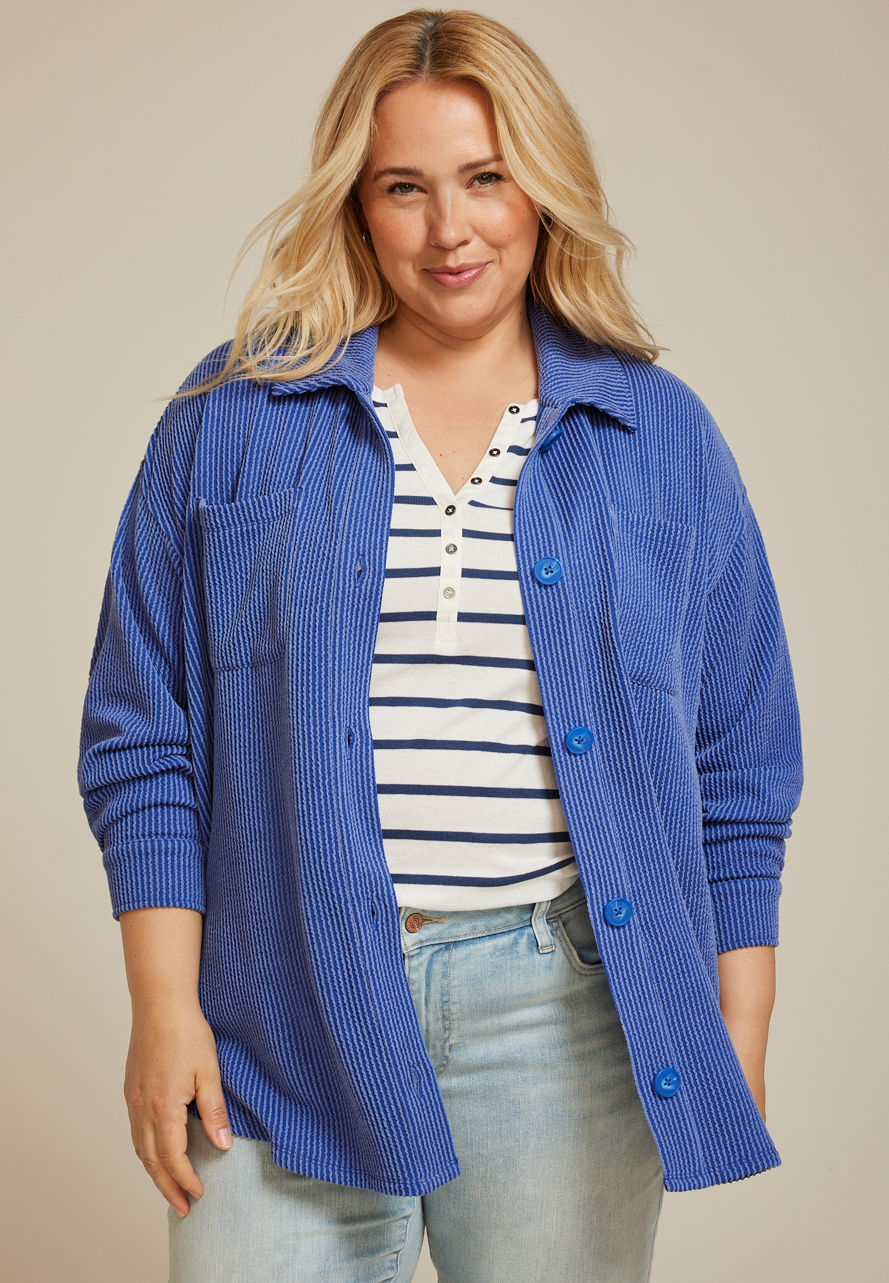 Plus Size Wavy Ribbed Shacket