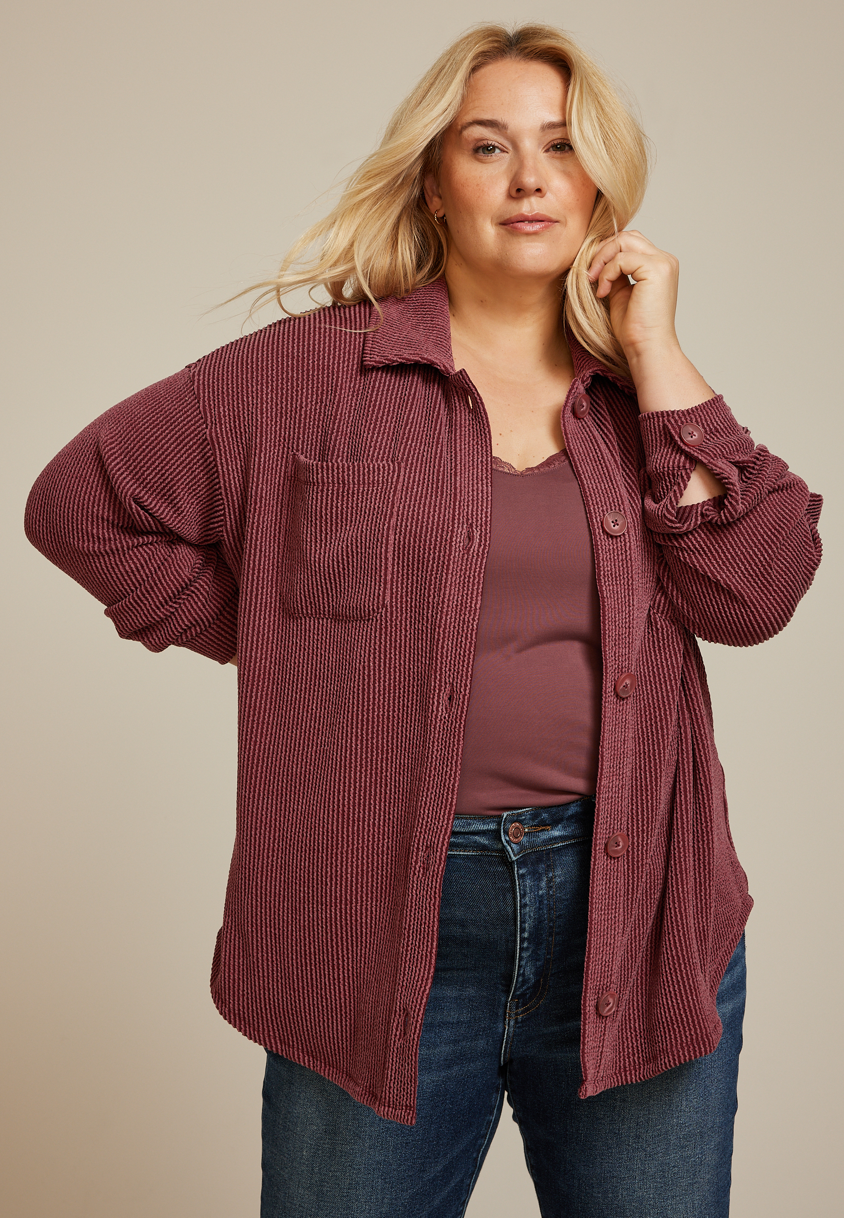 Plus Size Wavy Ribbed Shacket