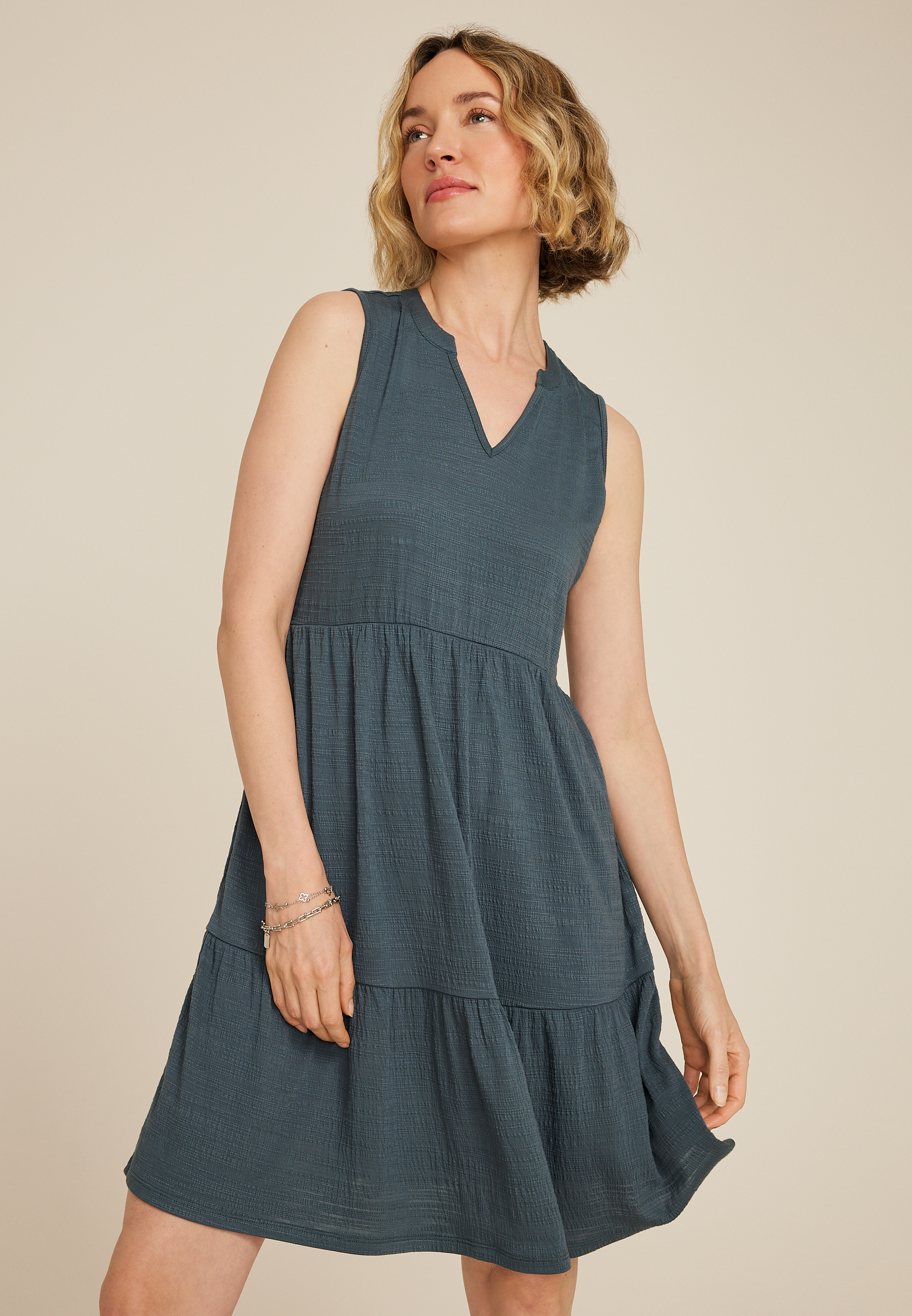 Bare Textured Notch Neck Skater Dress