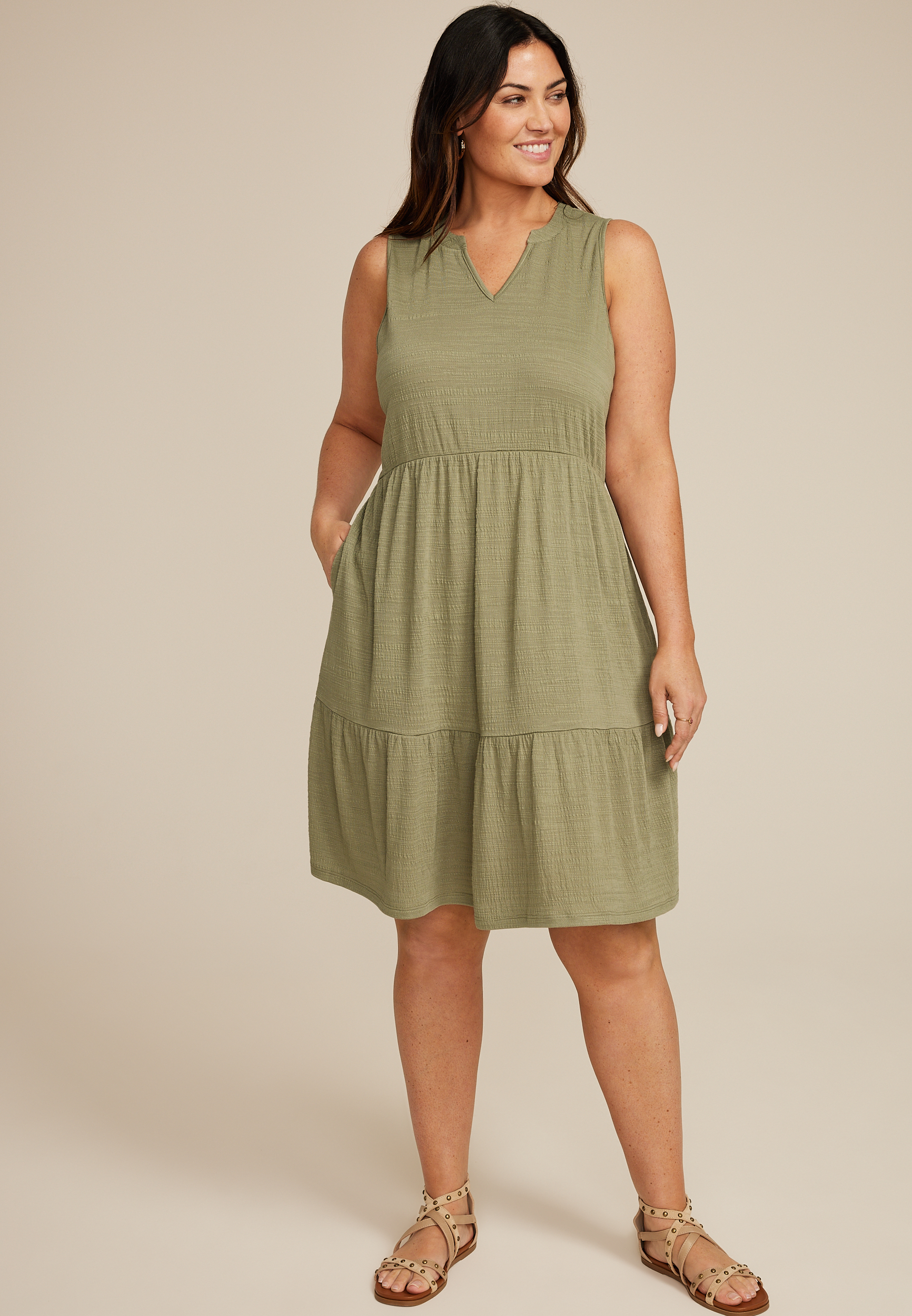 Plus Size Bare Textured Notch Neck Skater Dress