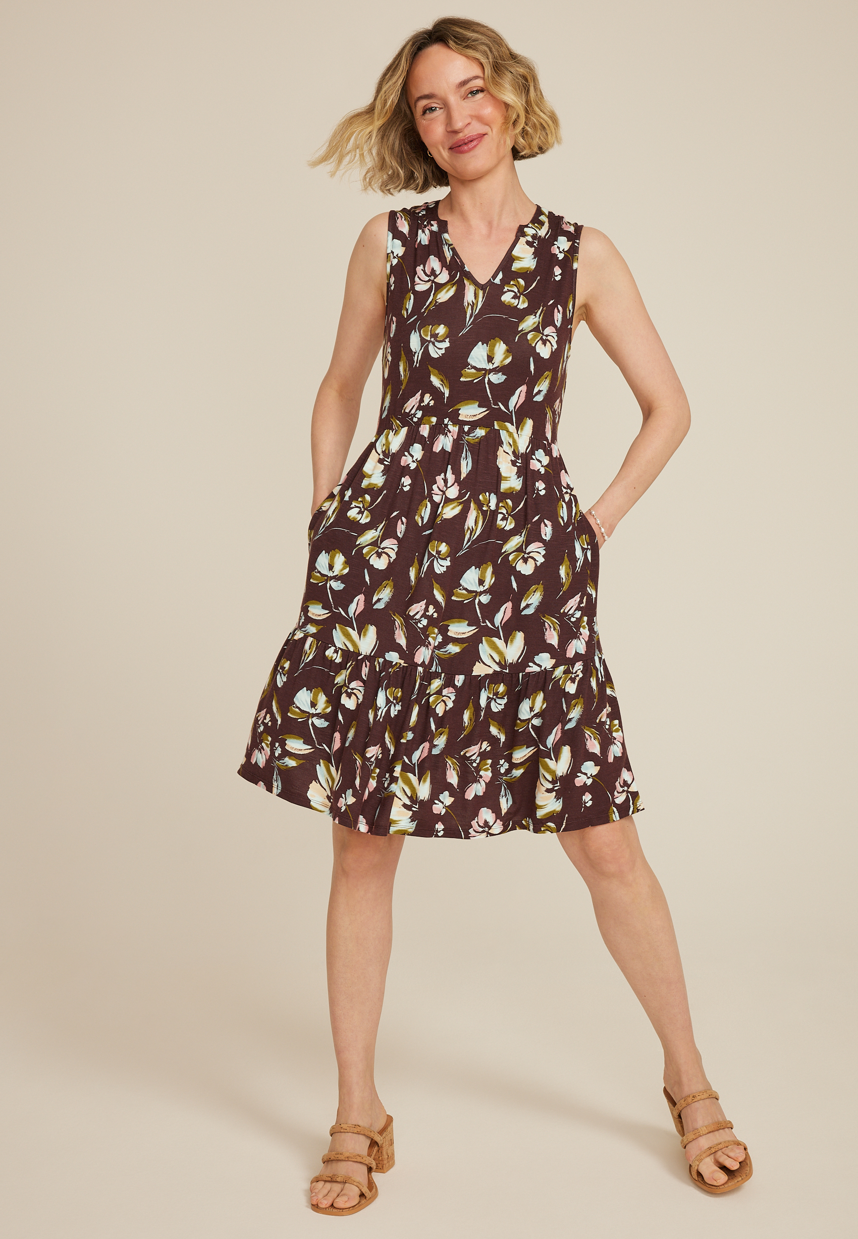 Bare Floral Notch Neck Skater Dress