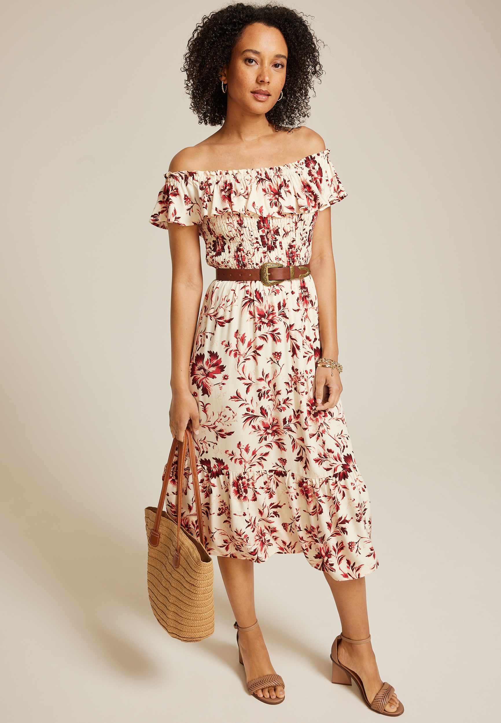 Floral Off The Shoulder Smocked Midi Dress