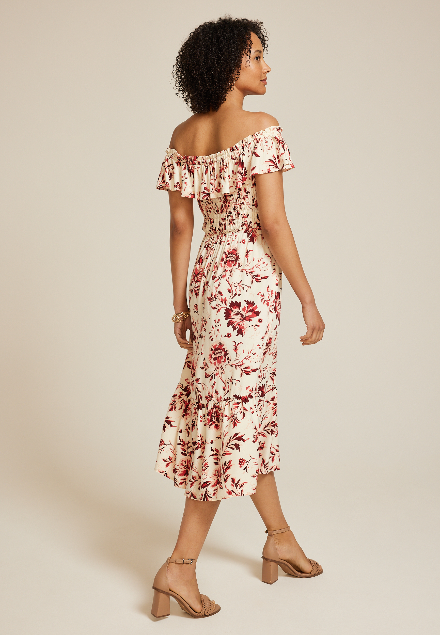 Floral Off The Shoulder Smocked Midi Dress, , large