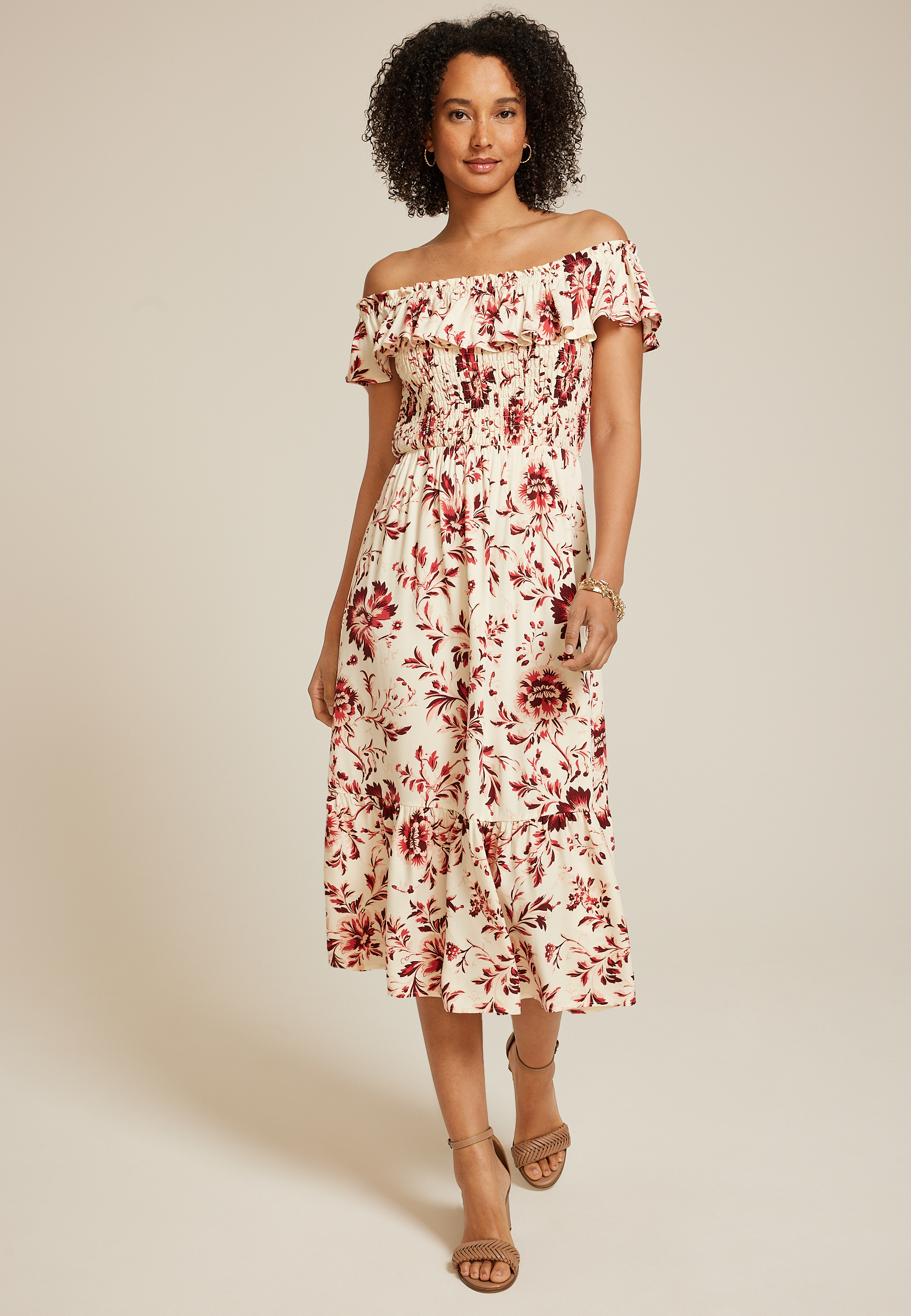 Floral Off The Shoulder Smocked Midi Dress, , large