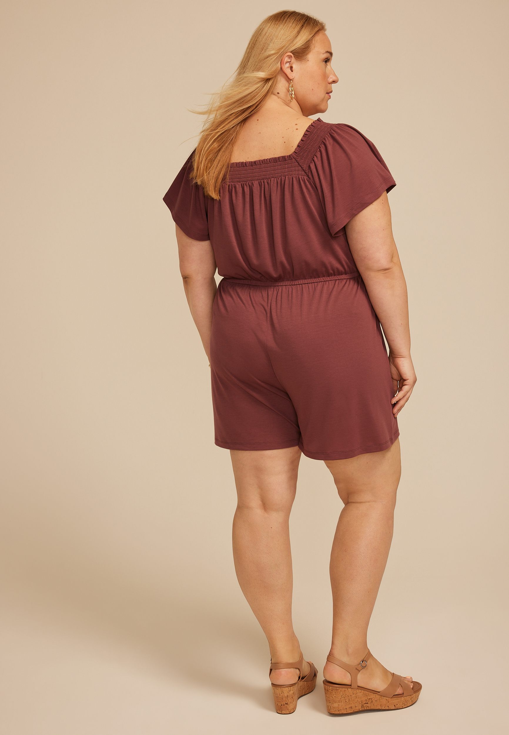Plus Size Bare Smocked Square Neck Romper, , large
