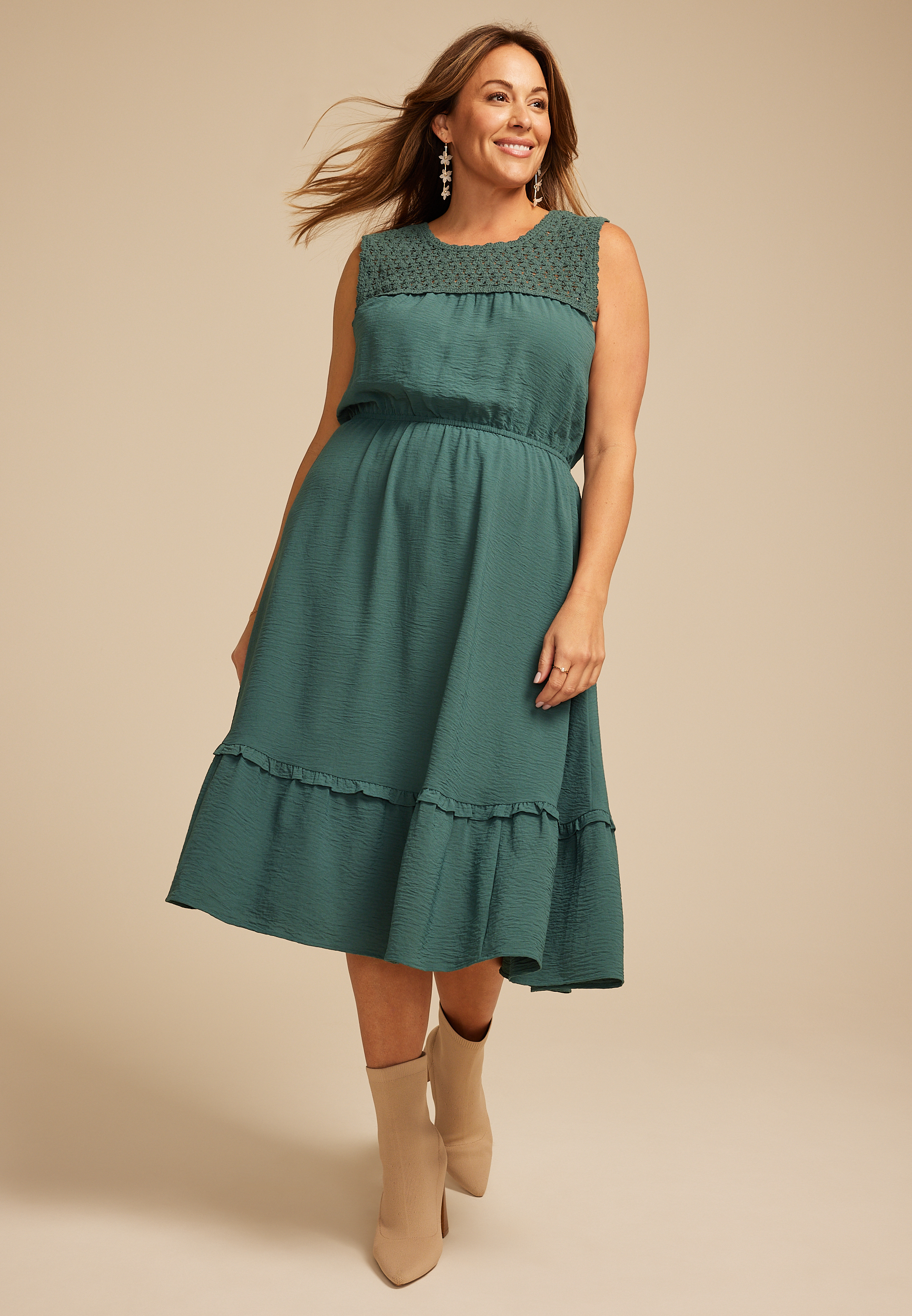 Plus Size Crochet Trim Top Midi Dress