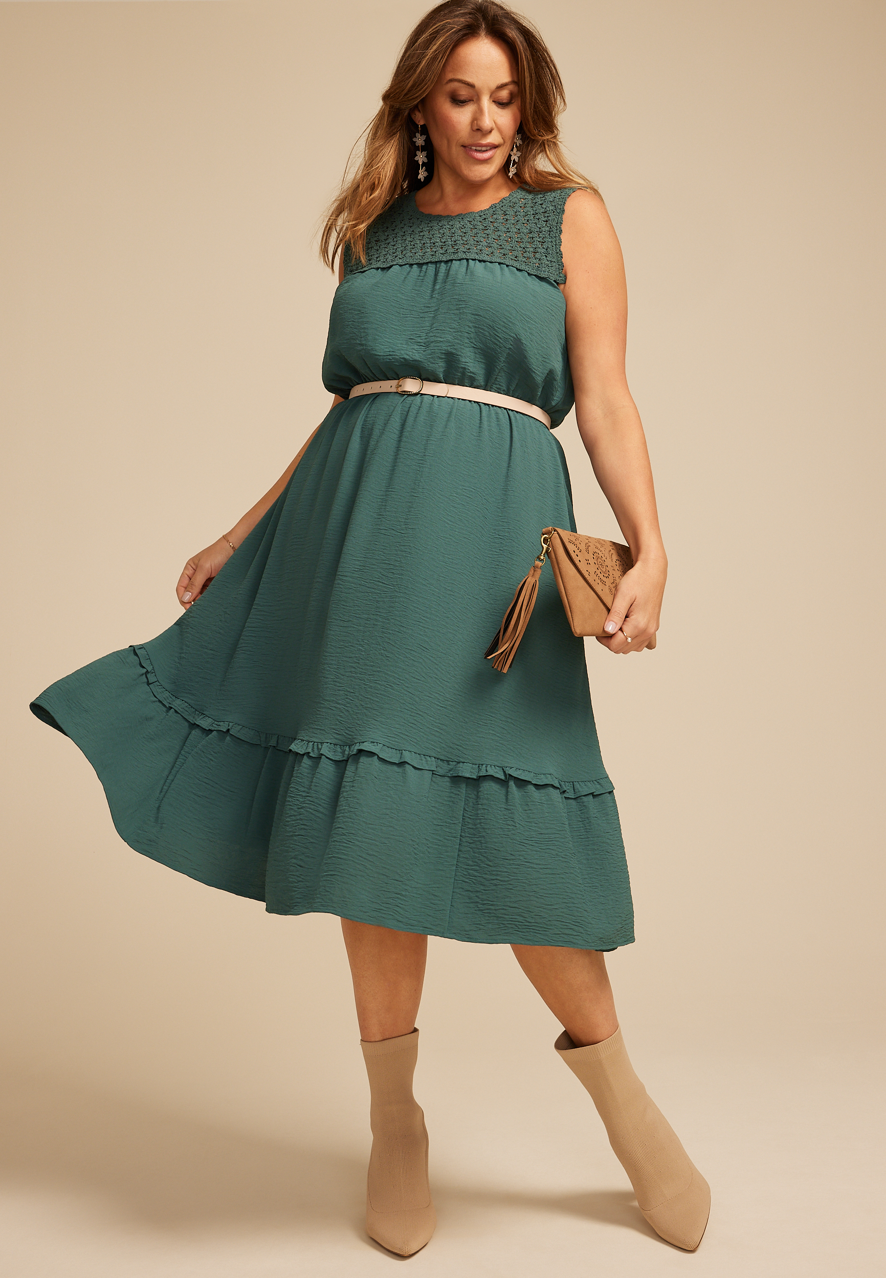 Plus Size Crochet Trim Top Midi Dress, C974, large